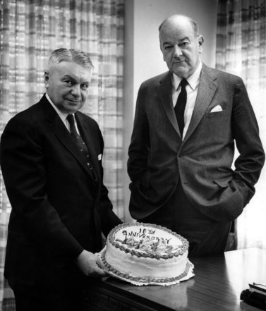 Jerry Lederer and C.R. Smith, president and CEO of American Airlines, celebrate Flight Safety Foundation's 10th anniversary.