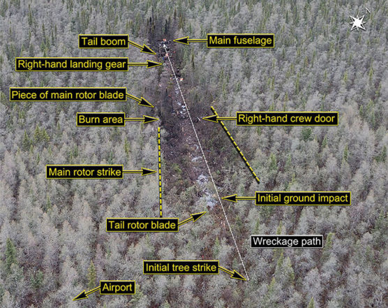 Photo of where crash took place showing a densely wooded, swampy area.