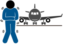 Simple image of a fearful person in front of an airplane.