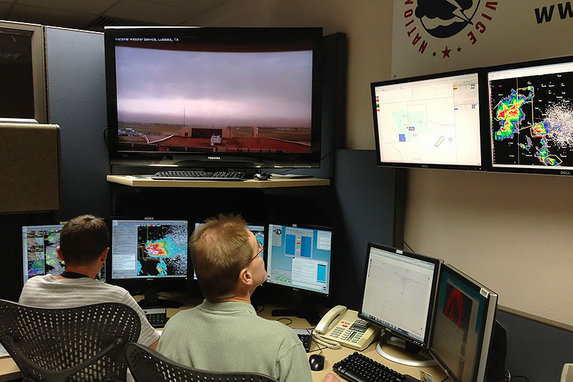National Weather Service Fort Worth personnel in Lubbock, Texas, U.S., on duty during severe weather event.