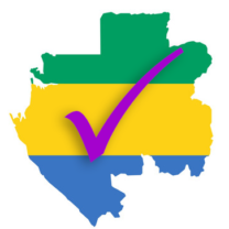 Silhouette of Gabon over a the flag of Gabon and under a check mark.
