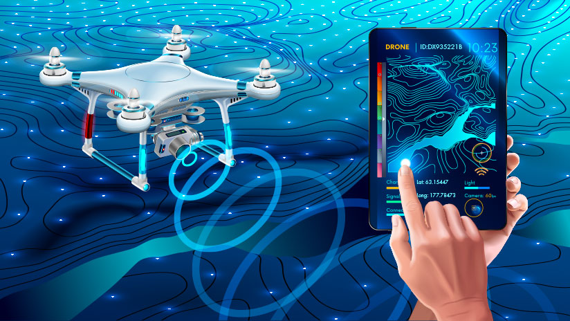Illustration of drone in background over terrain and a hand holding a device showing ID information.