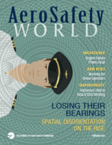 Image of the cover of AeroSafety World showing a pilot turned sideways and overlaid with a geometric swirling pattern.