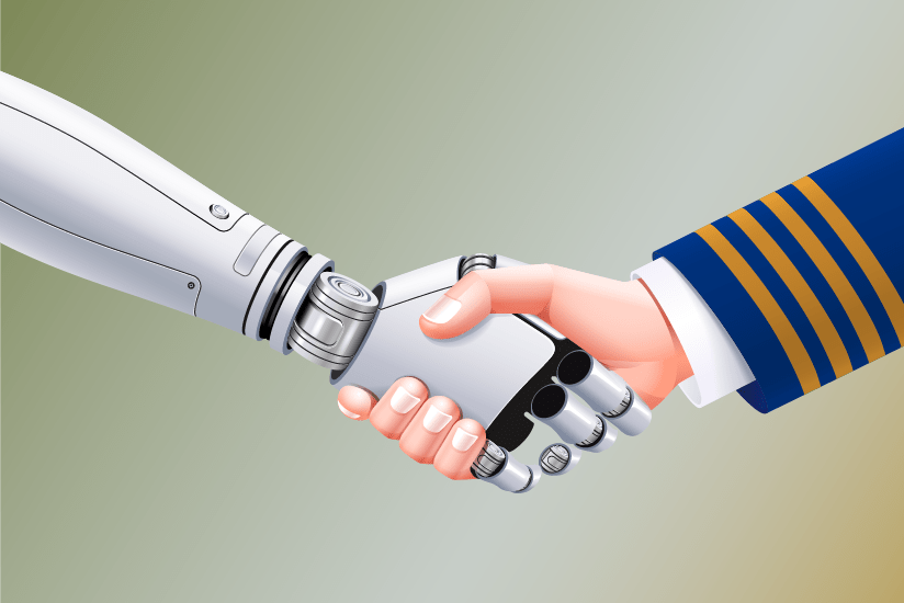 Illustration of a robot and a pilot shaking hands.