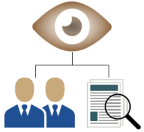 Illustration of an eye overlooks to people and documentation.