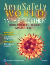 Cover of the March 2020 issue of AeroSafety World featuring illustrations of coronaviruses