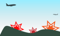 Icon of two airplanes flying over an area with explosions happening on the ground.