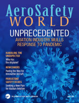 Vertical cover for AeroSafety World April 2020 featuring coronavirus images in blue and orange.