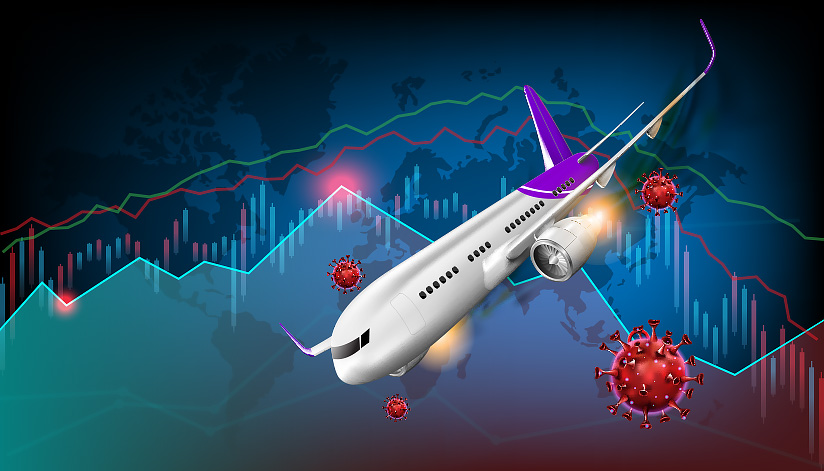 Airplane overlaid over financial charts, illustrations of the coronavirus, and a global map