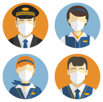 Icons of a pilot and three cabin crew wearing masks